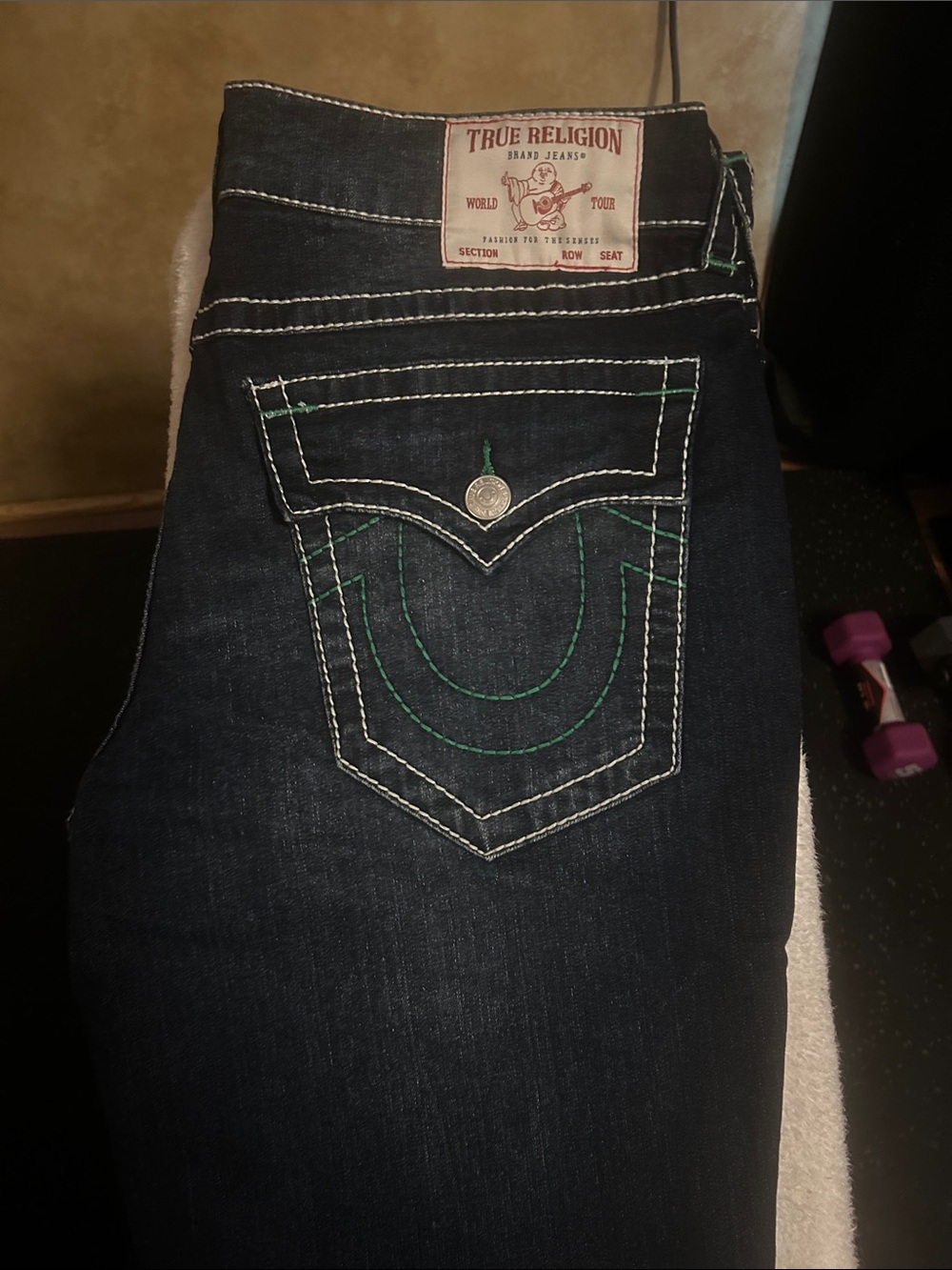 True Religion men’s Dark Blue Skinny Jeans with Green Accent Stitching